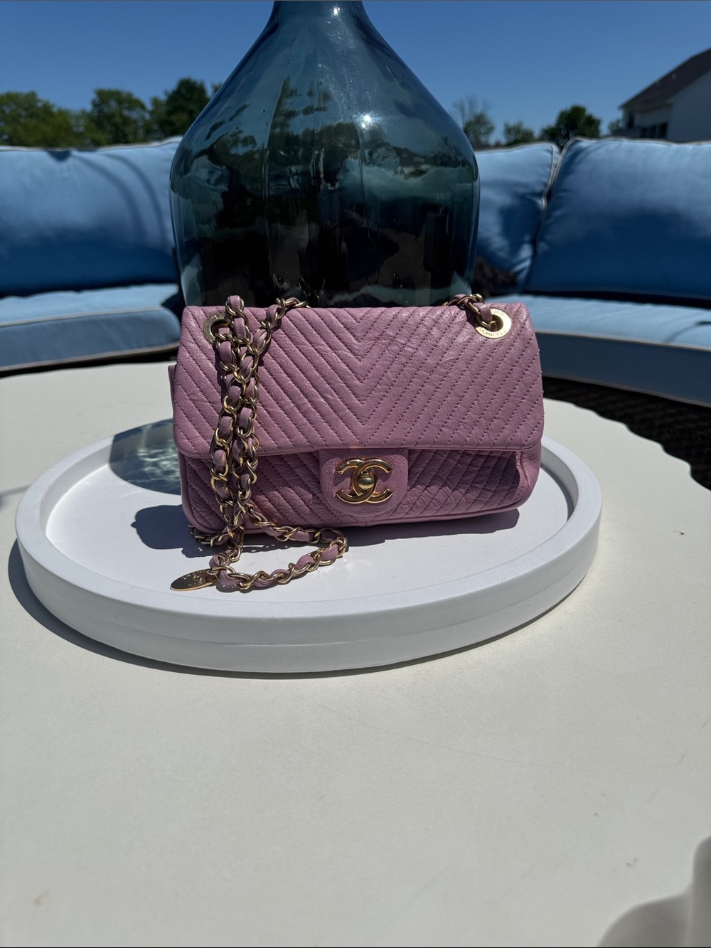 CHANEL Lilac Chevron Quilted Crossbody with Gold Chain